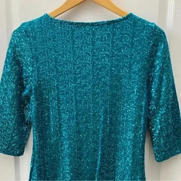 Reitman’s Sparkly Sequin Dressy Top  Scoop Neck 3/4 Bracelet Sleeve Teal XS NEW - Picture 11 of 16
